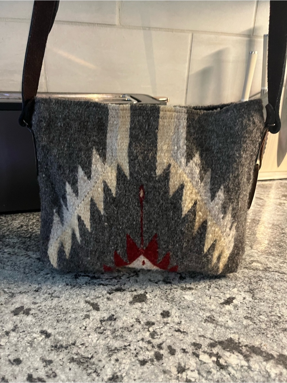 MZ  Oaxaca Mexico Handmade Wool Crossbody Bag Leather Strap Southwestern